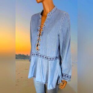 Vintage Retro Y2K 90s Western Southwestern Aztec Festival Folk Denim Blouse XS